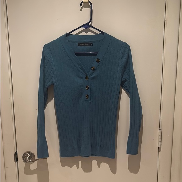 Tops - Blue Ribbed Button-Up Sweater